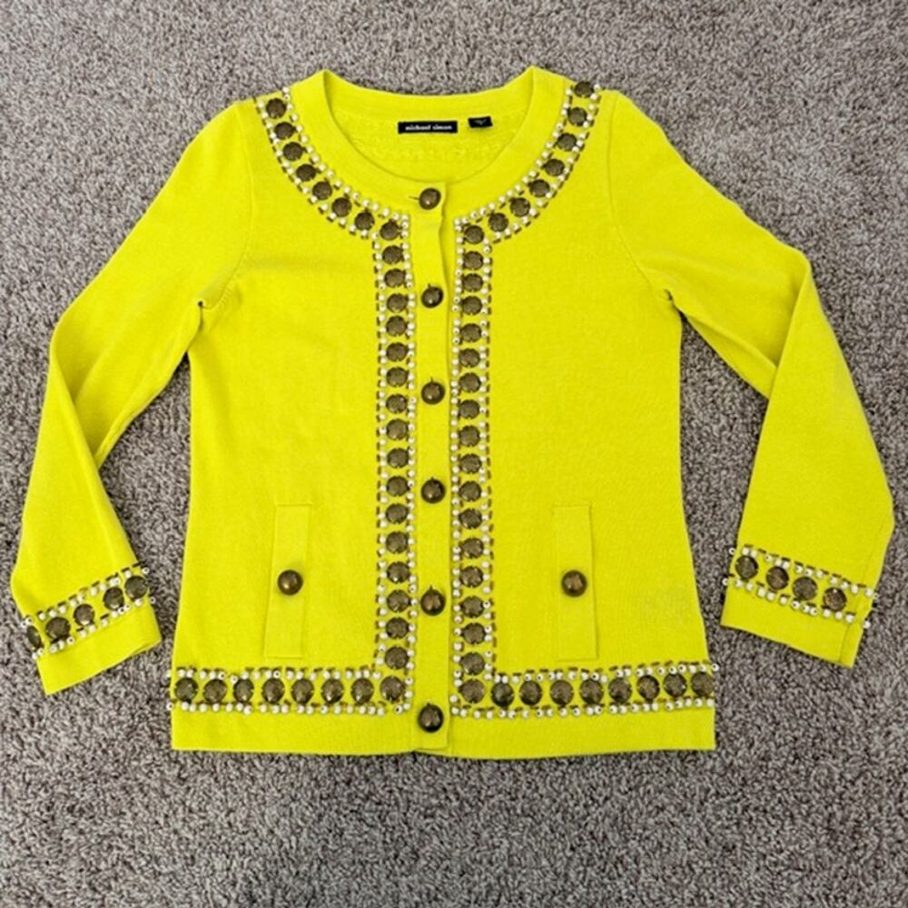 Michael Simon Cardigan‎ Chartreuse Yellow-Green Embellished Beads Women's Small